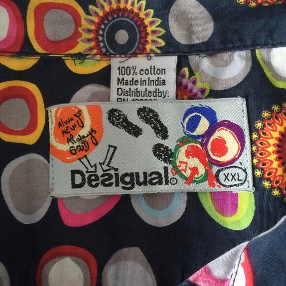 Desigual Mens Button Shirt 2XL Black Multicolor Floral Circle Print Long Sleeve - Picture 6 of 8
